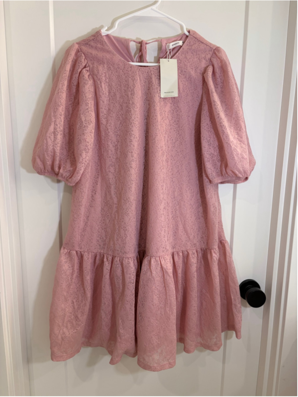 NWT Reserved Pink Textured Jacquard Puff Sleeve Tiered Mini Dress Large